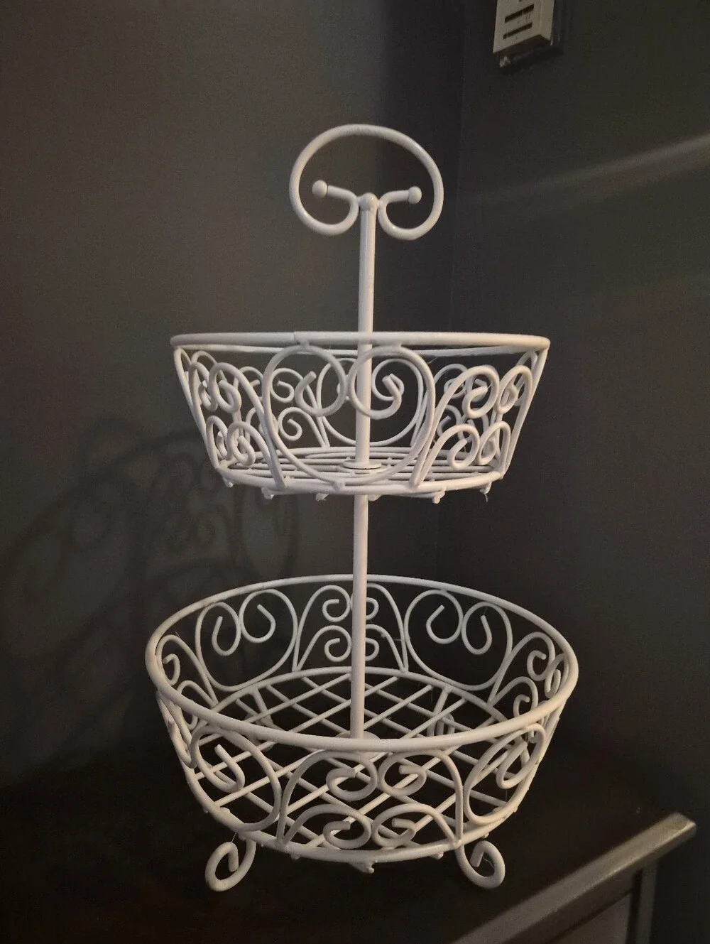White Metal Scrollwork Princess  2-Tiered Basket Fruit Bowl Holder Decor